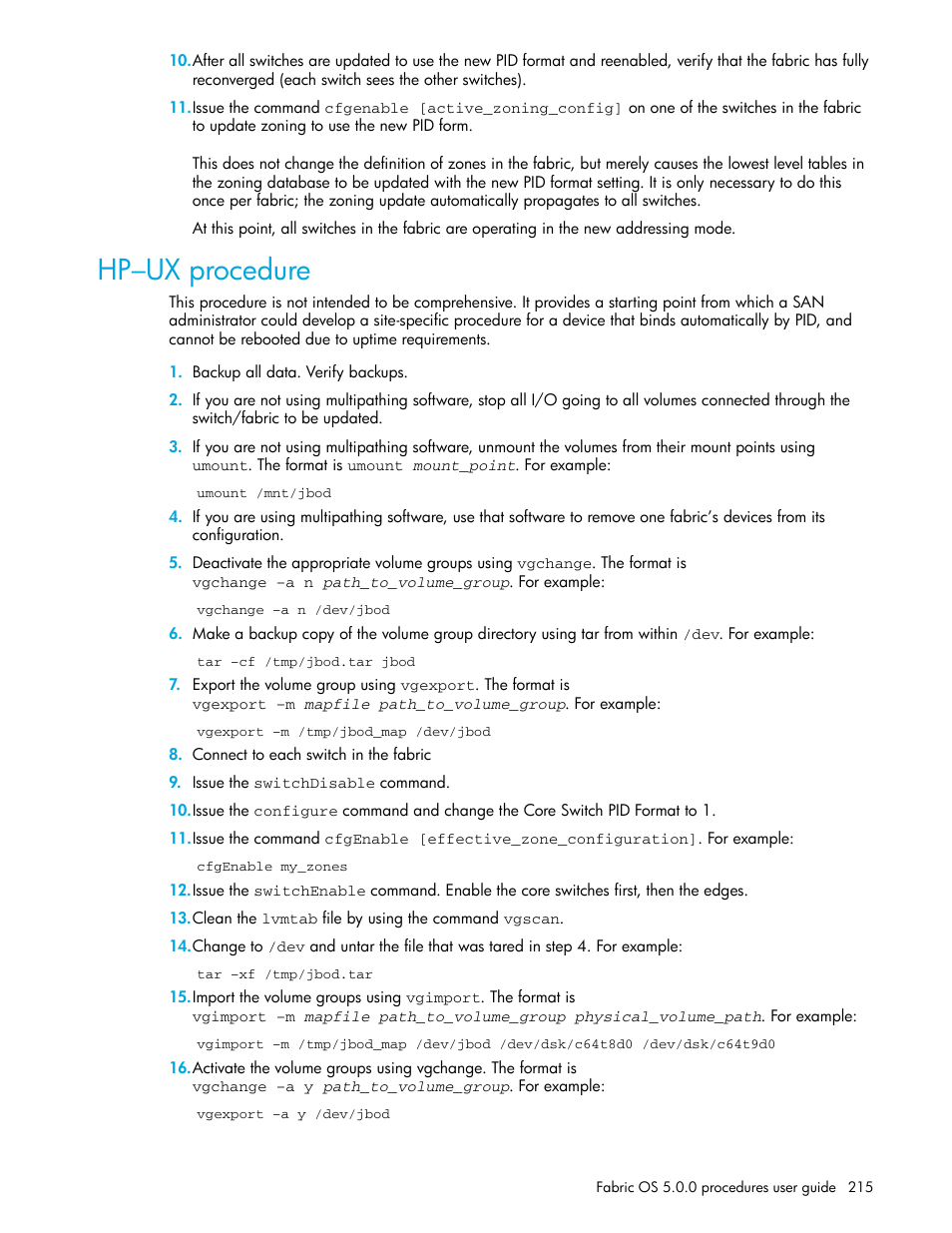 Hp-ux procedure, Hp–ux procedure | HP Brocade 4Gb SAN Switch for HP BladeSystem p-Class User Manual | Page 215 / 270