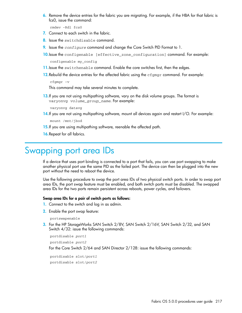 Swapping port area ids | HP Brocade 4Gb SAN Switch for HP BladeSystem p-Class User Manual | Page 217 / 270