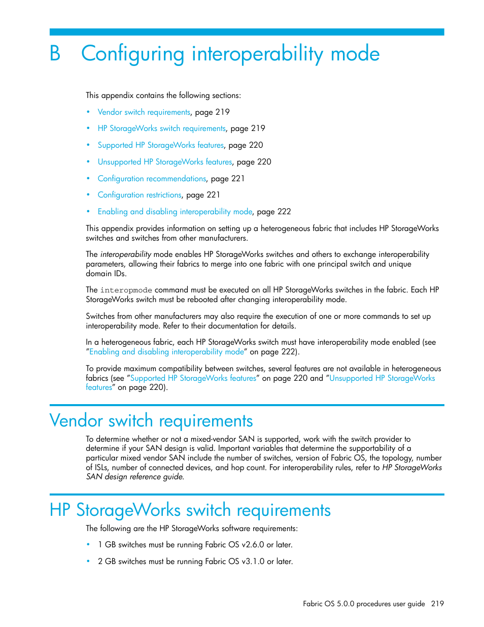 Configuring interoperability mode, Vendor switch requirements, Hp storageworks switch requirements | B configuring interoperability mode | HP Brocade 4Gb SAN Switch for HP BladeSystem p-Class User Manual | Page 219 / 270