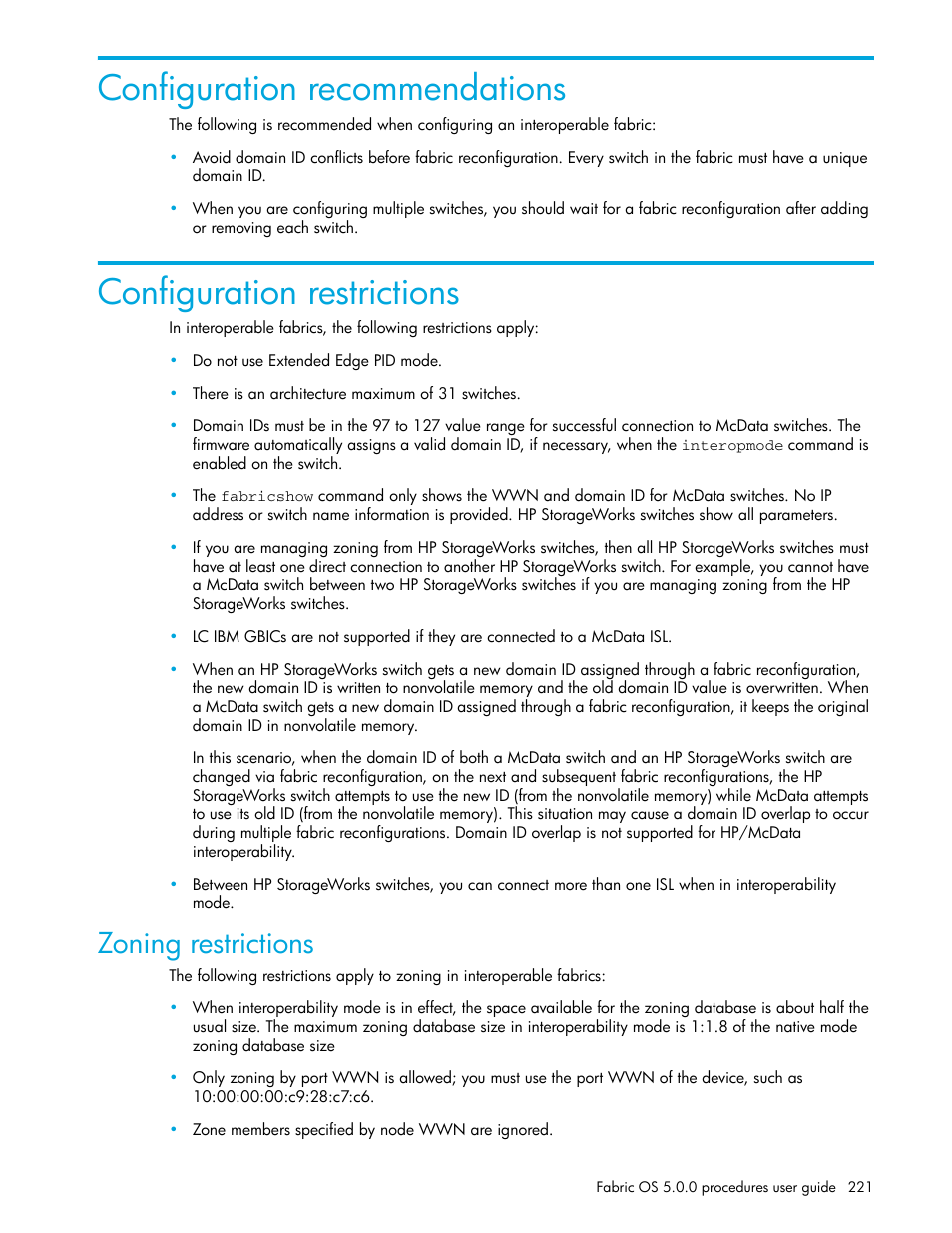 Configuration recommendations, Configuration restrictions, Zoning restrictions | HP Brocade 4Gb SAN Switch for HP BladeSystem p-Class User Manual | Page 221 / 270