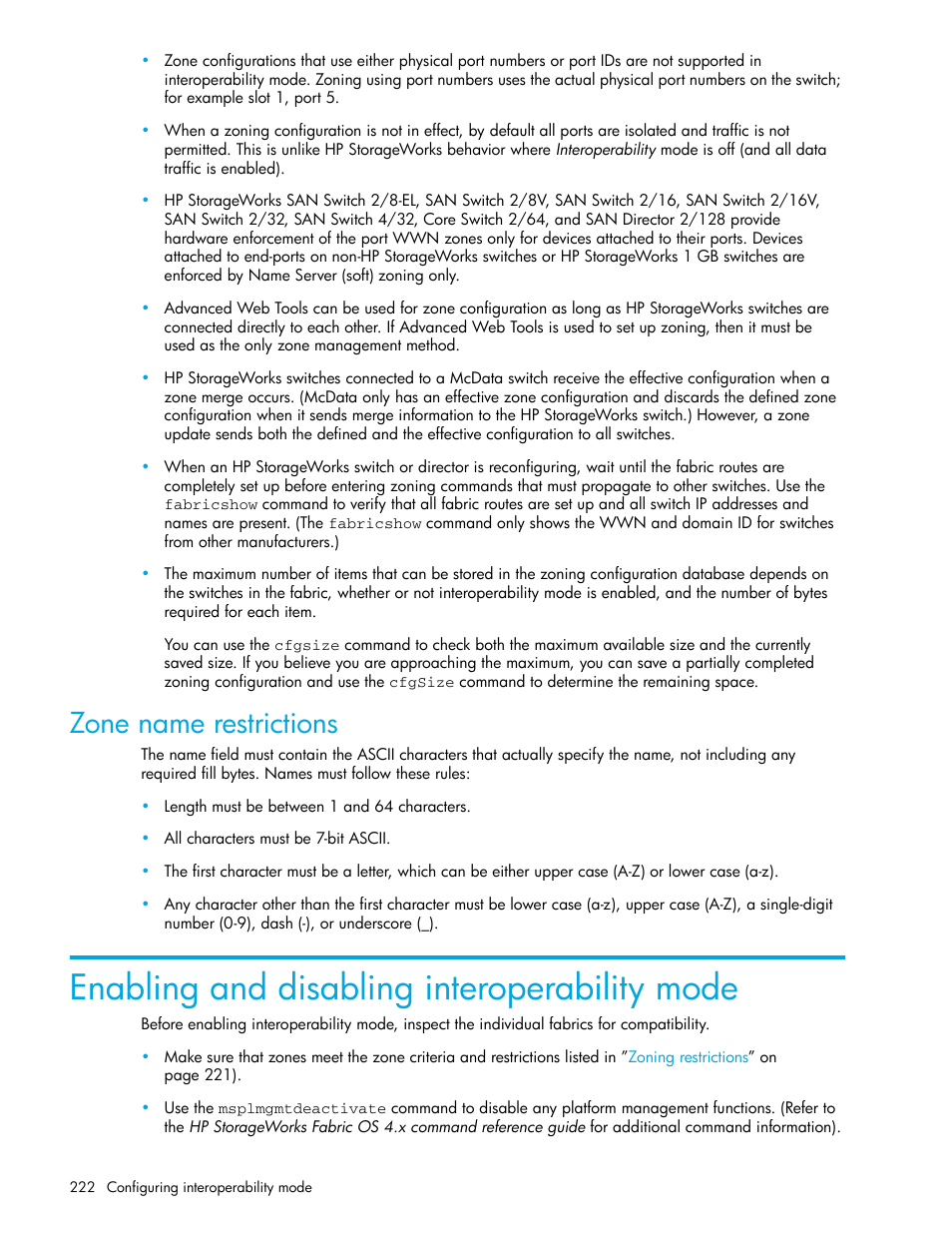 Zone name restrictions, Enabling and disabling interoperability mode | HP Brocade 4Gb SAN Switch for HP BladeSystem p-Class User Manual | Page 222 / 270