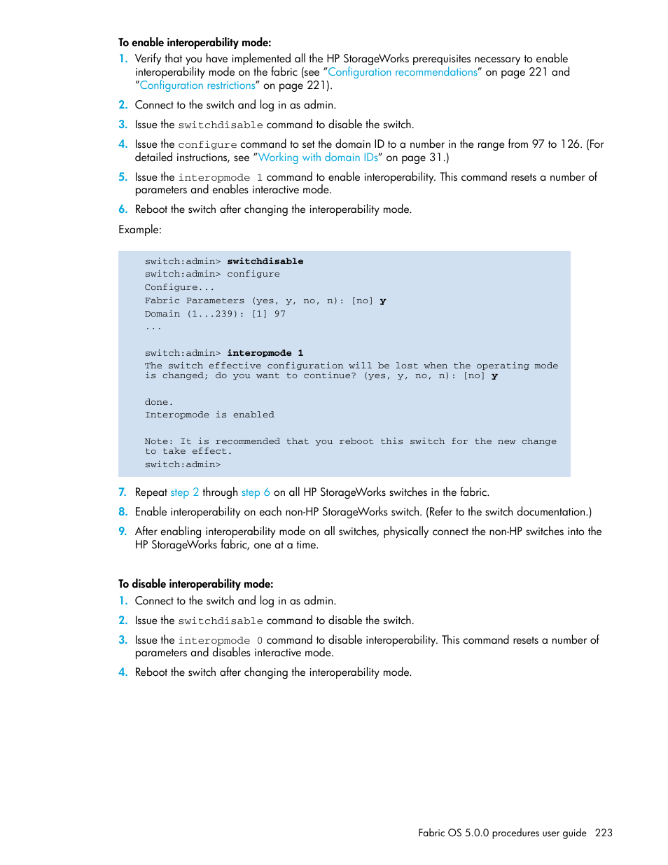 To enable interoperability mode, To disable interoperability mode | HP Brocade 4Gb SAN Switch for HP BladeSystem p-Class User Manual | Page 223 / 270