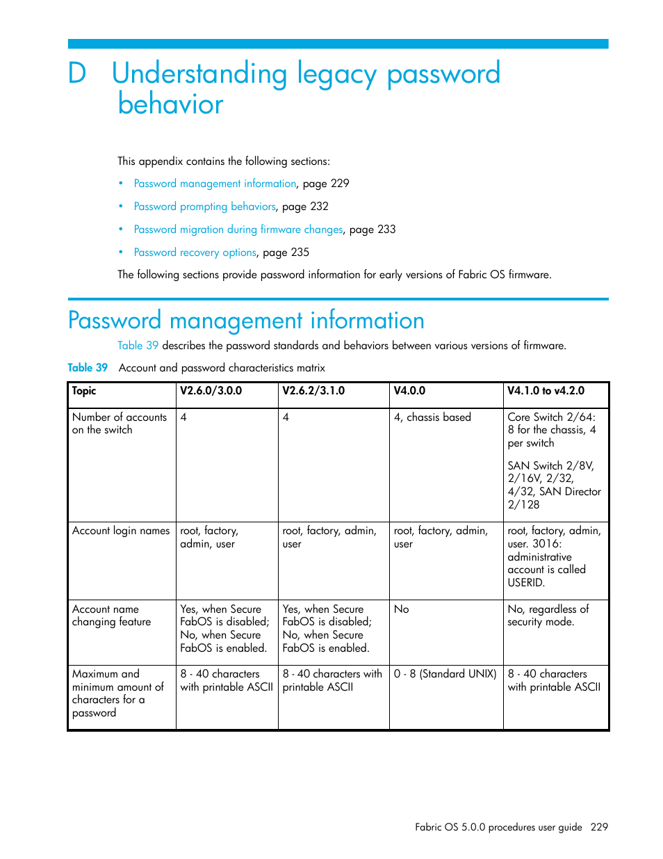 Understanding legacy password behavior, Password management information, D understanding legacy password behavior | 39 account and password characteristics matrix | HP Brocade 4Gb SAN Switch for HP BladeSystem p-Class User Manual | Page 229 / 270