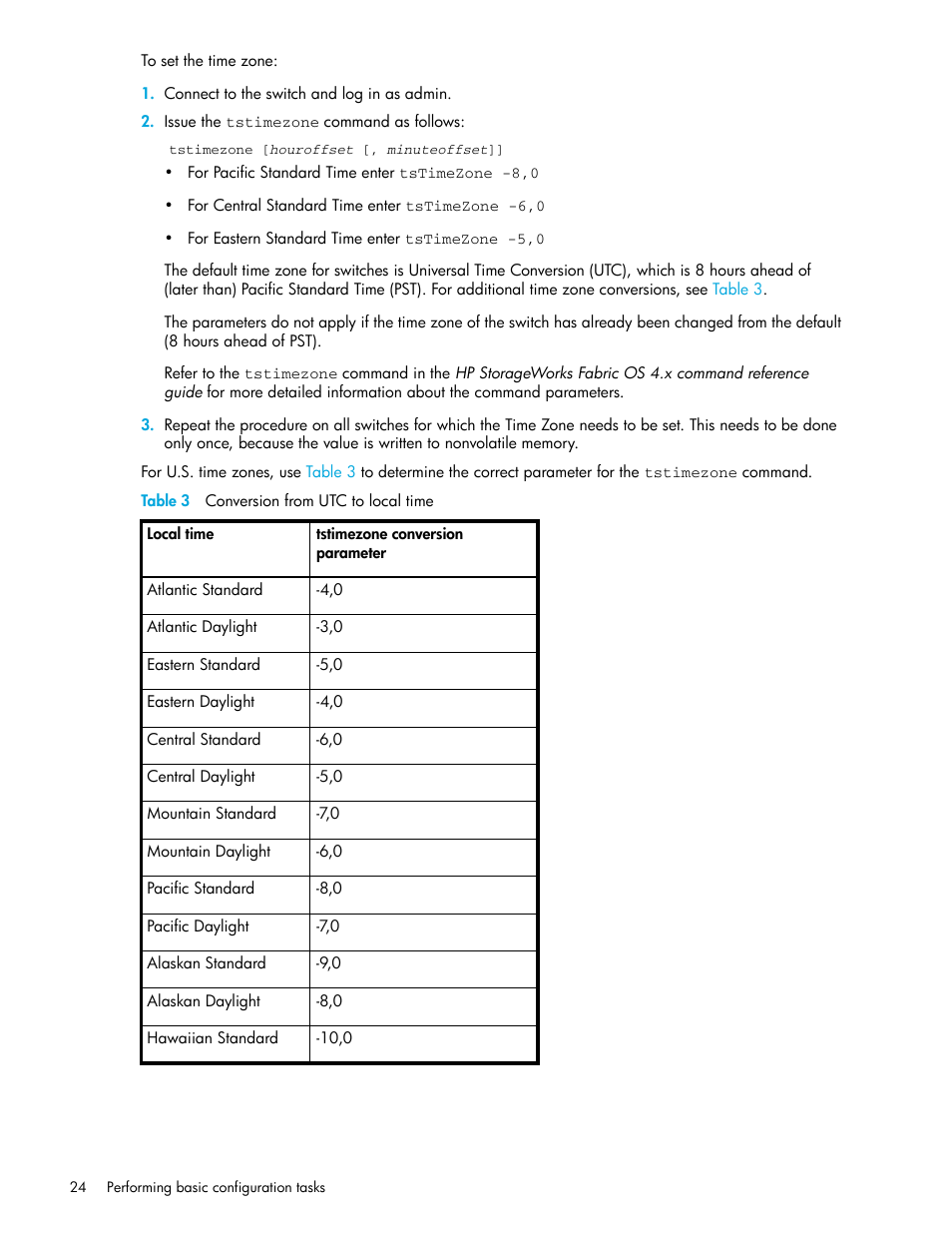 Table 3 conversion from utc to local time, 3 conversion from utc to local time | HP Brocade 4Gb SAN Switch for HP BladeSystem p-Class User Manual | Page 24 / 270