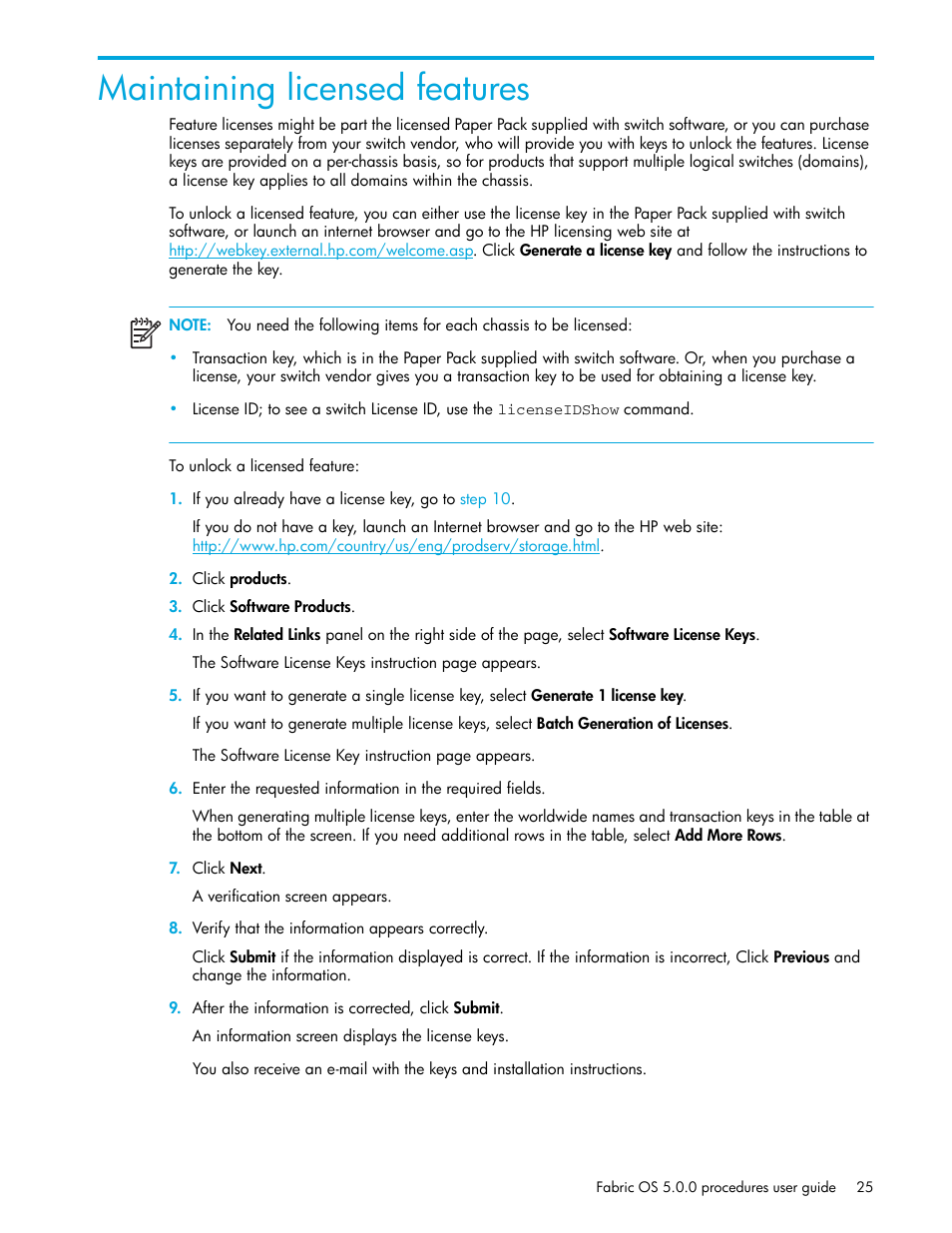 Maintaining licensed features | HP Brocade 4Gb SAN Switch for HP BladeSystem p-Class User Manual | Page 25 / 270