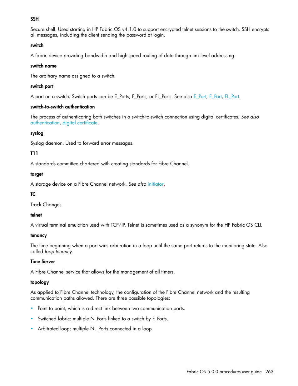 Topology, Switch-to-switch authentication, Target | HP Brocade 4Gb SAN Switch for HP BladeSystem p-Class User Manual | Page 263 / 270