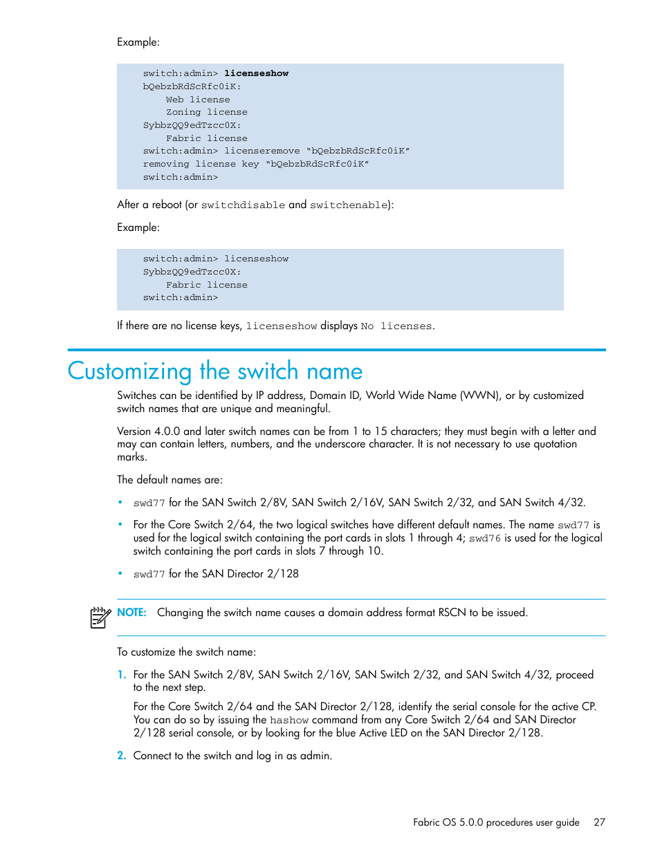 Customizing the switch name | HP Brocade 4Gb SAN Switch for HP BladeSystem p-Class User Manual | Page 27 / 270