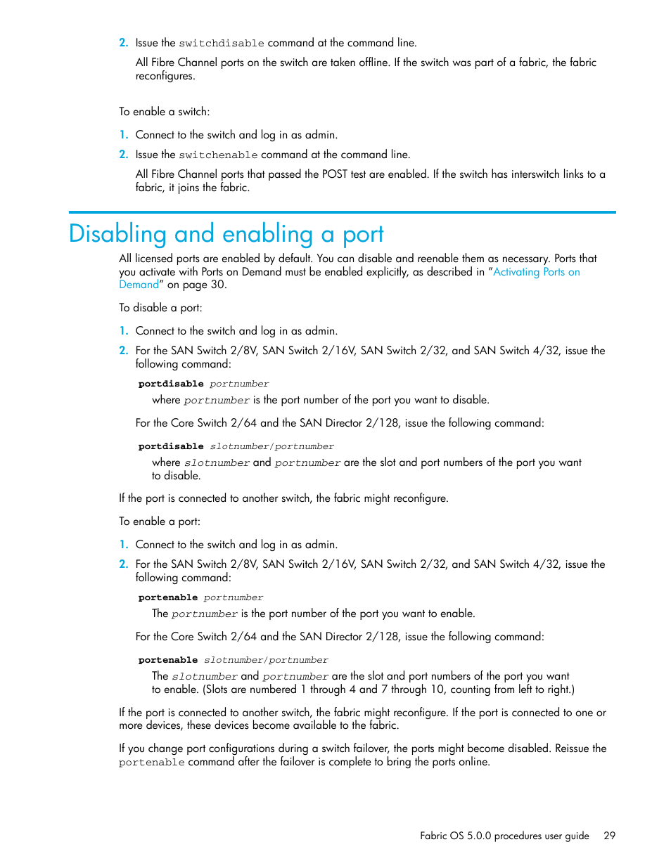 Disabling and enabling a port | HP Brocade 4Gb SAN Switch for HP BladeSystem p-Class User Manual | Page 29 / 270