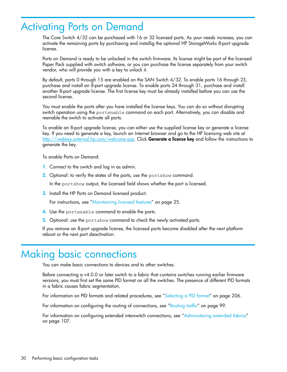 Activating ports on demand, Making basic connections, Activating ports on | Demand | HP Brocade 4Gb SAN Switch for HP BladeSystem p-Class User Manual | Page 30 / 270