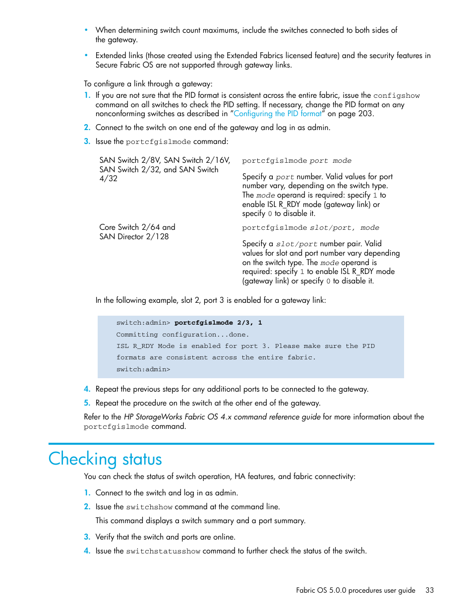 To configure a link through a gateway, Checking status | HP Brocade 4Gb SAN Switch for HP BladeSystem p-Class User Manual | Page 33 / 270