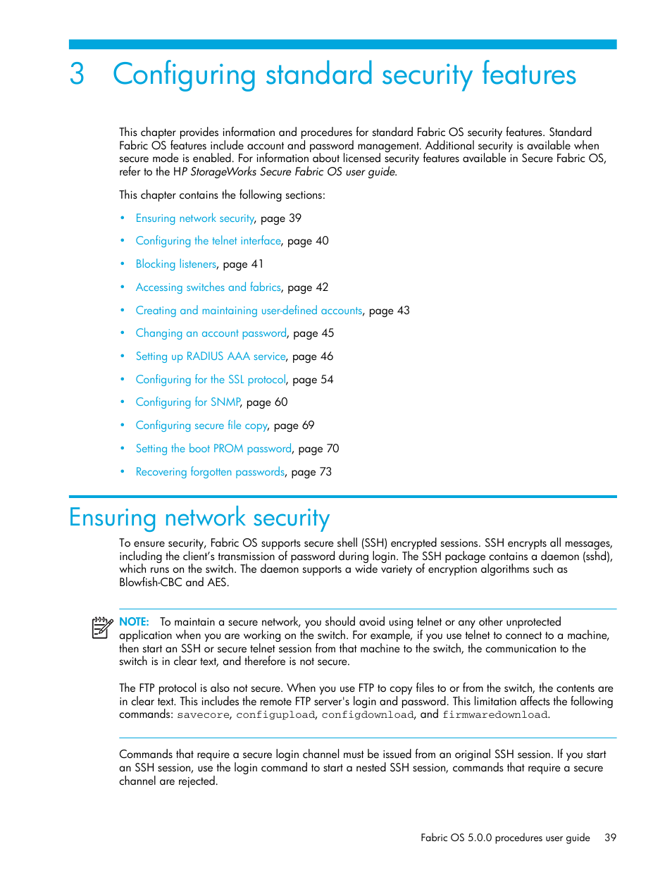 Configuring standard security features, Ensuring network security, 3 configuring standard security features | HP Brocade 4Gb SAN Switch for HP BladeSystem p-Class User Manual | Page 39 / 270