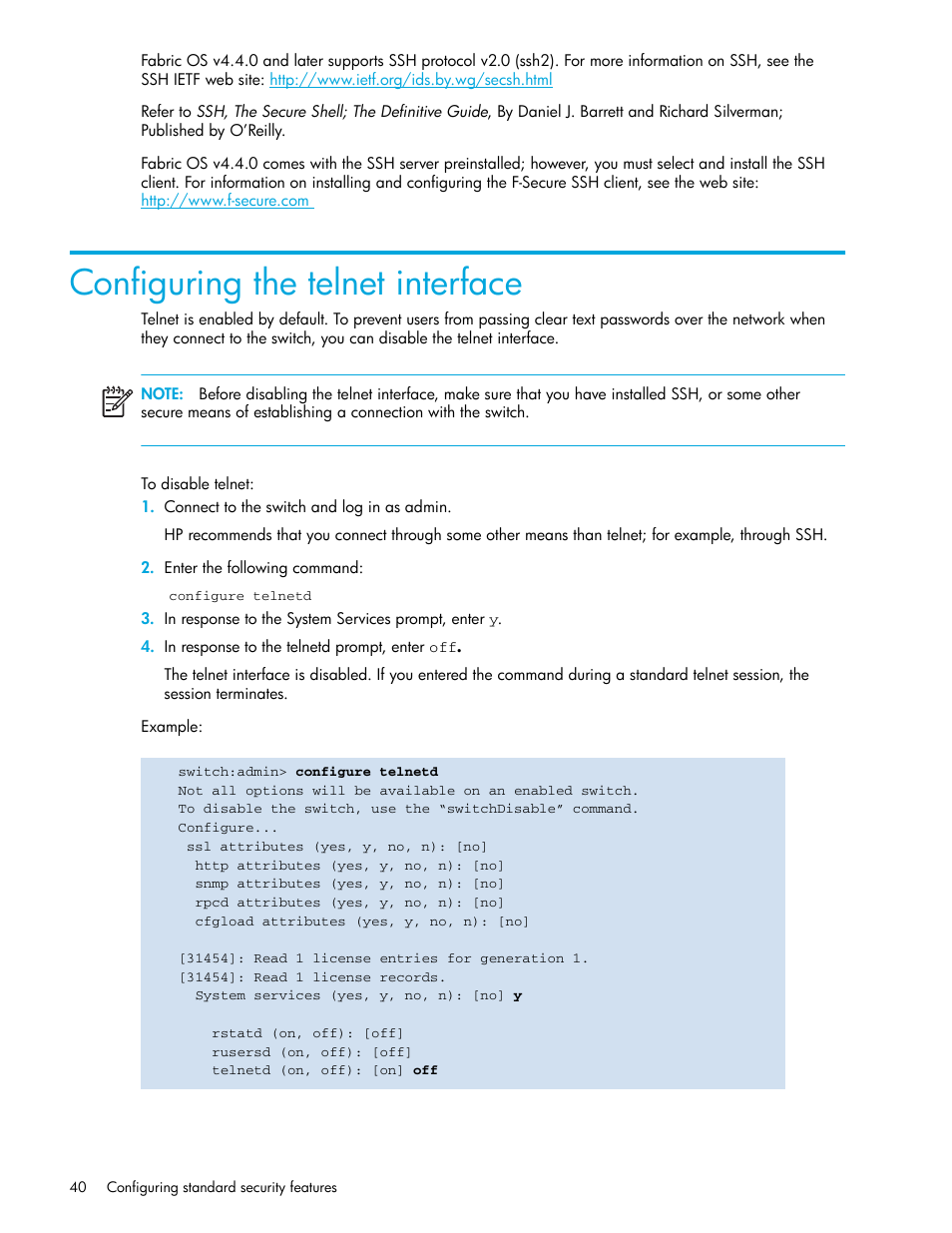 Configuring the telnet interface, To disable telnet | HP Brocade 4Gb SAN Switch for HP BladeSystem p-Class User Manual | Page 40 / 270