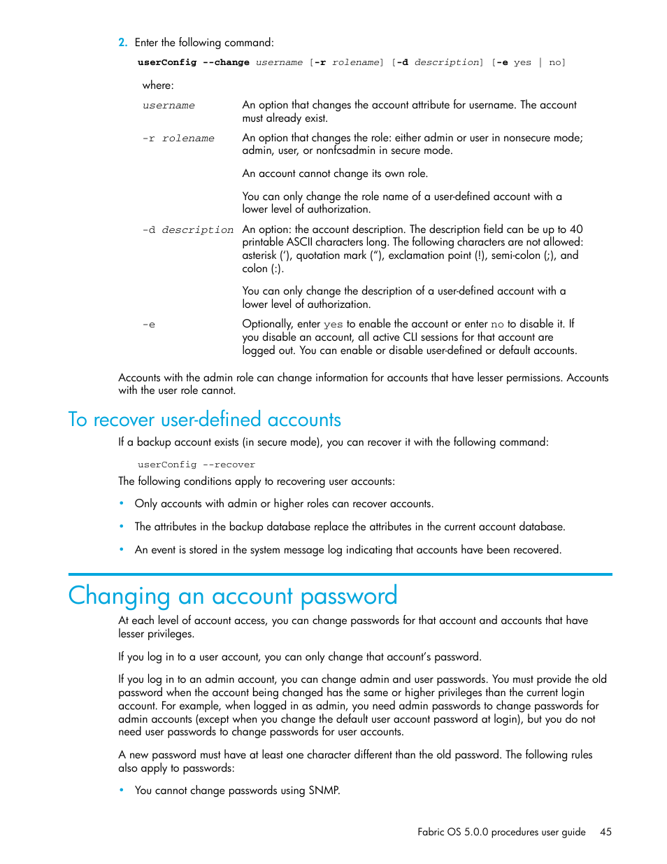 To recover user-defined accounts, Changing an account password | HP Brocade 4Gb SAN Switch for HP BladeSystem p-Class User Manual | Page 45 / 270