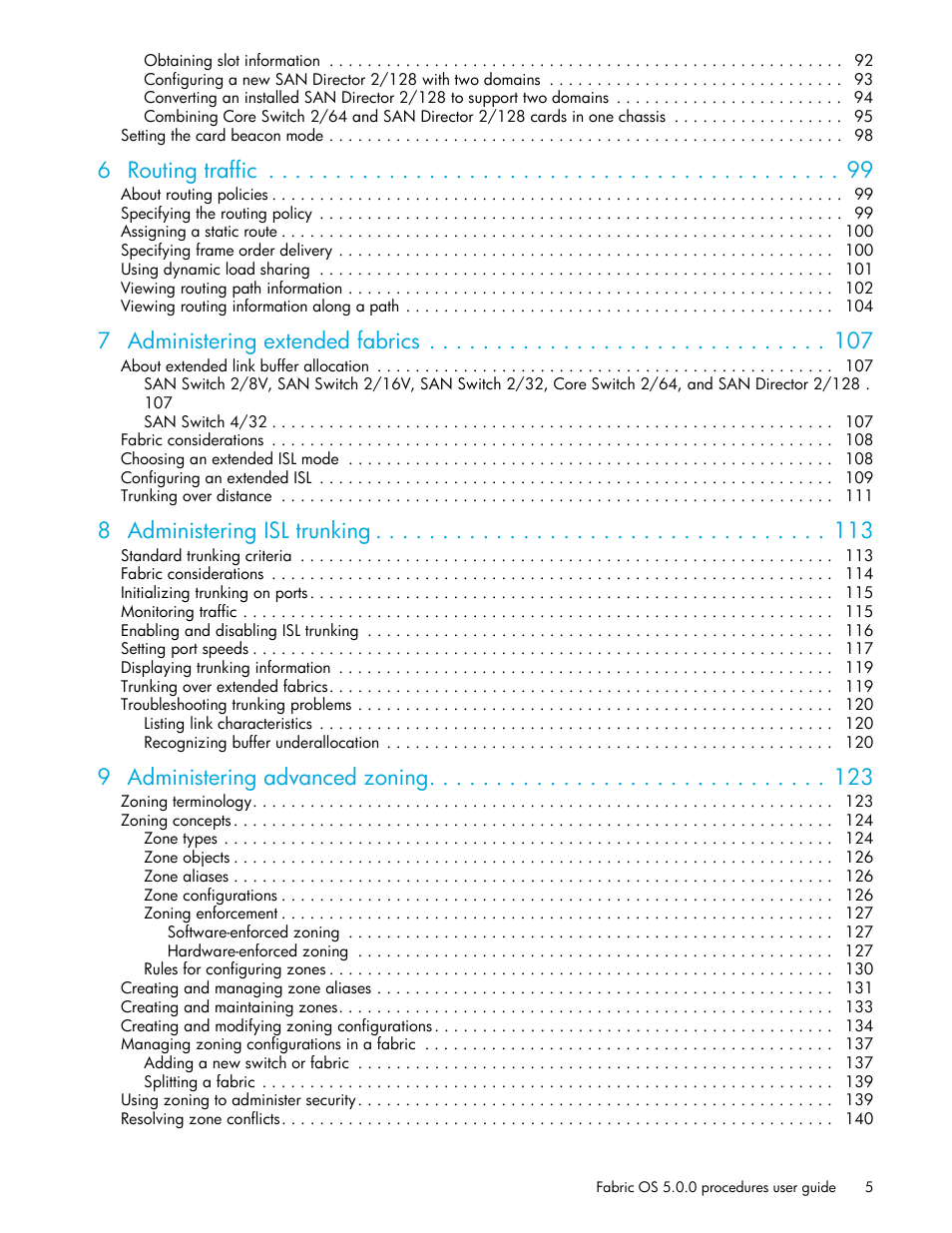 6 routing traffic, 7 administering extended fabrics, 8 administering isl trunking | 9 administering advanced zoning | HP Brocade 4Gb SAN Switch for HP BladeSystem p-Class User Manual | Page 5 / 270