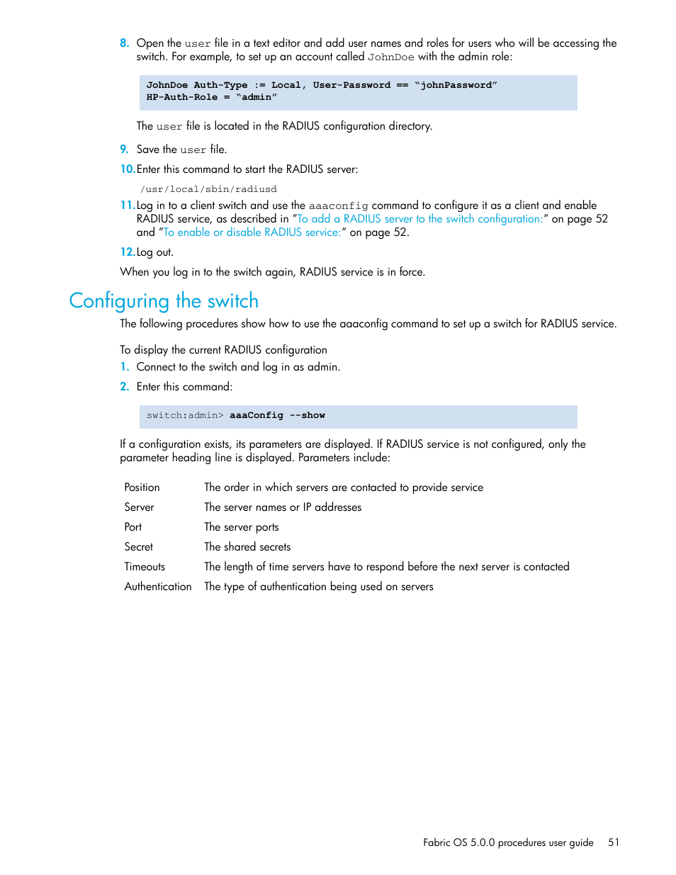 Configuring the switch, To display the current radius configuration | HP Brocade 4Gb SAN Switch for HP BladeSystem p-Class User Manual | Page 51 / 270