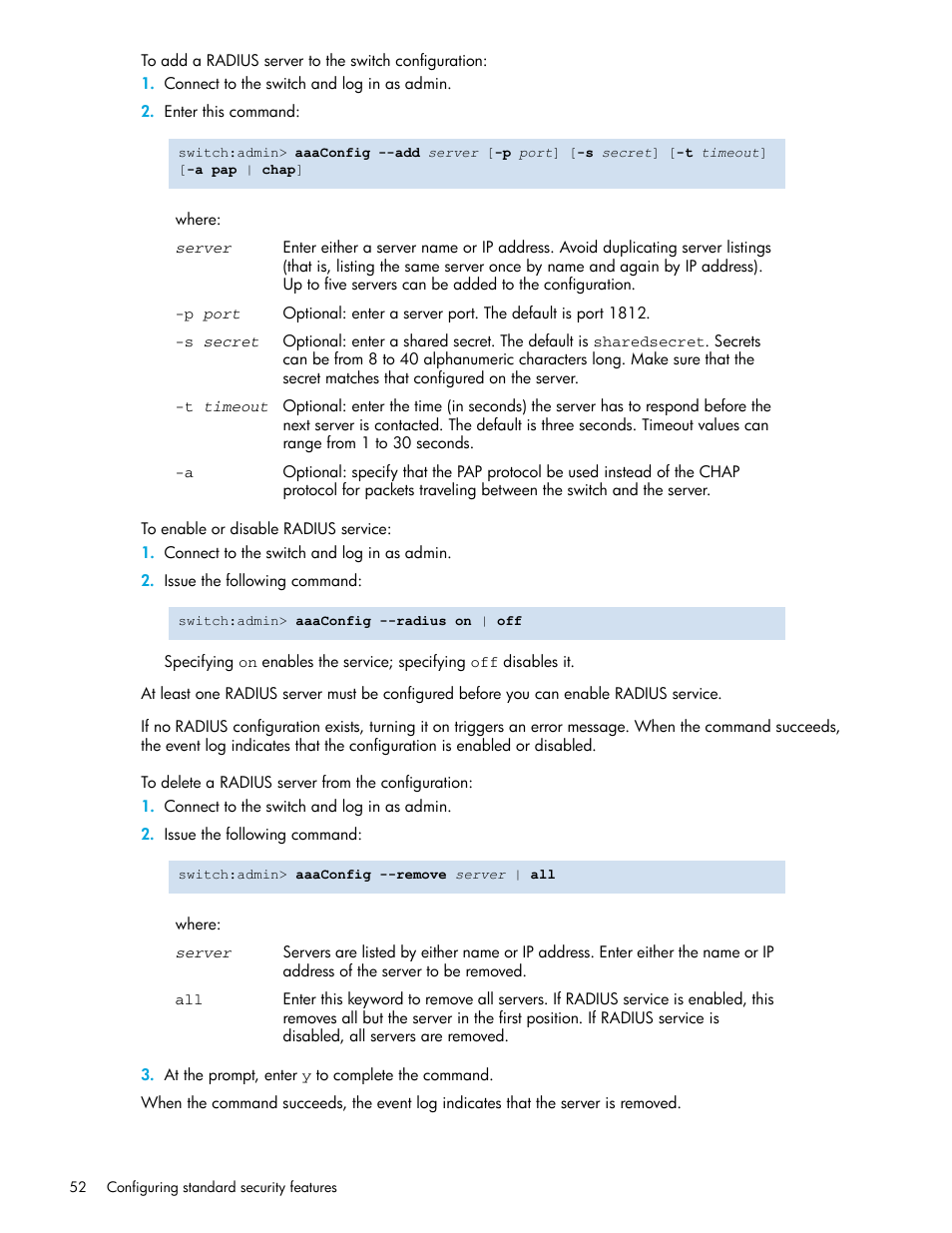 To add a radius server to the switch configuration, To enable or disable radius service, To delete a radius server from the configuration | To add a radius server to the switch, Configuration | HP Brocade 4Gb SAN Switch for HP BladeSystem p-Class User Manual | Page 52 / 270