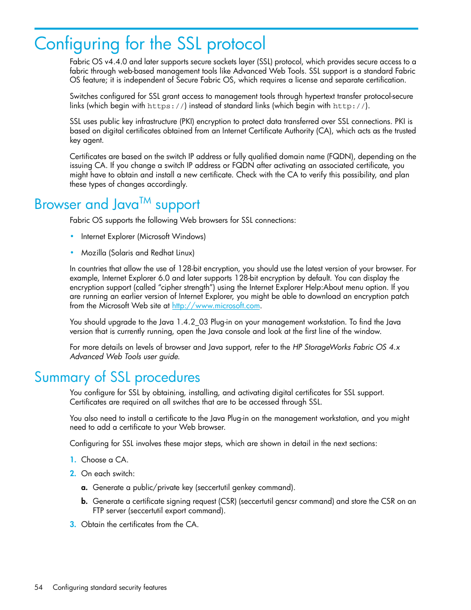 Configuring for the ssl protocol, Browser and javatm support, Summary of ssl procedures | Browser and java, Support | HP Brocade 4Gb SAN Switch for HP BladeSystem p-Class User Manual | Page 54 / 270