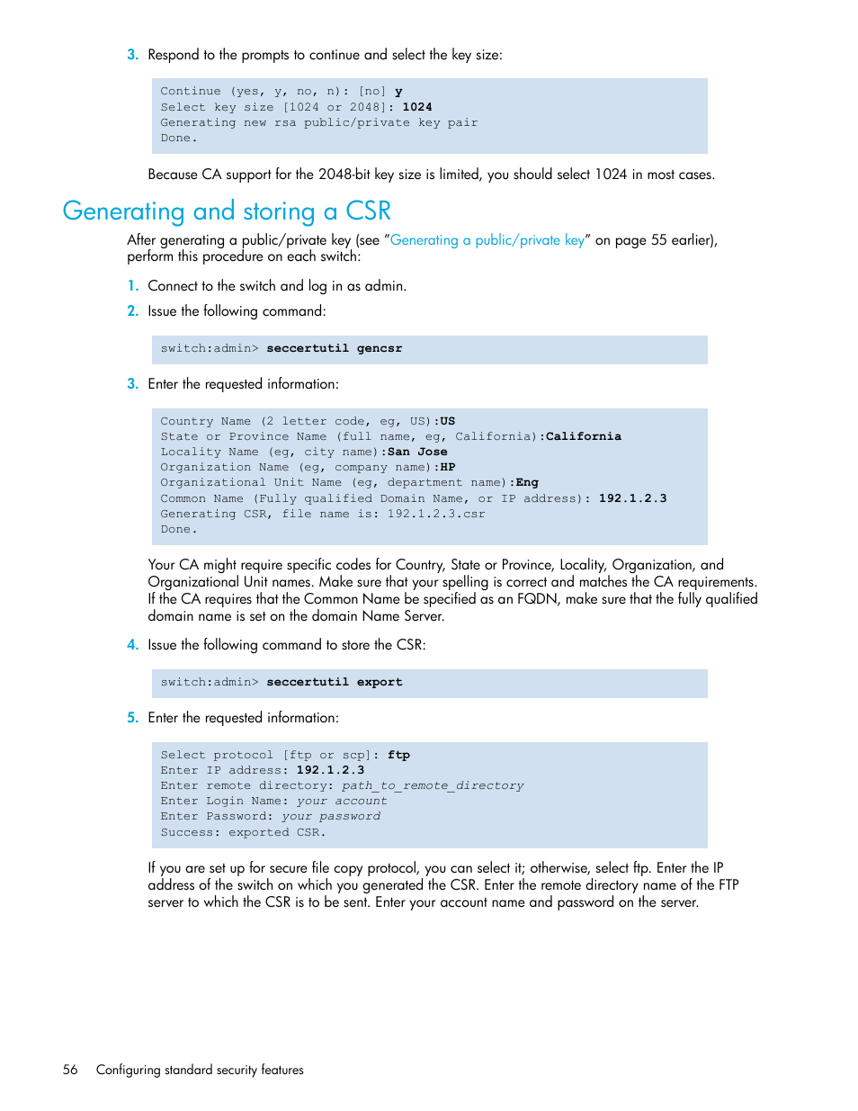 Generating and storing a csr | HP Brocade 4Gb SAN Switch for HP BladeSystem p-Class User Manual | Page 56 / 270