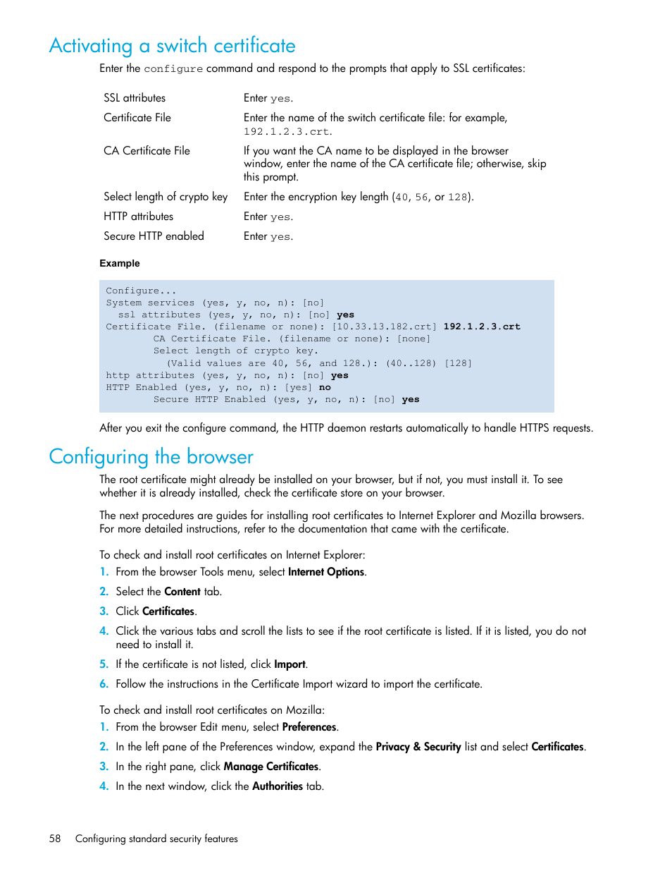 Activating a switch certificate, Configuring the browser, To check and install root certificates on mozilla | HP Brocade 4Gb SAN Switch for HP BladeSystem p-Class User Manual | Page 58 / 270