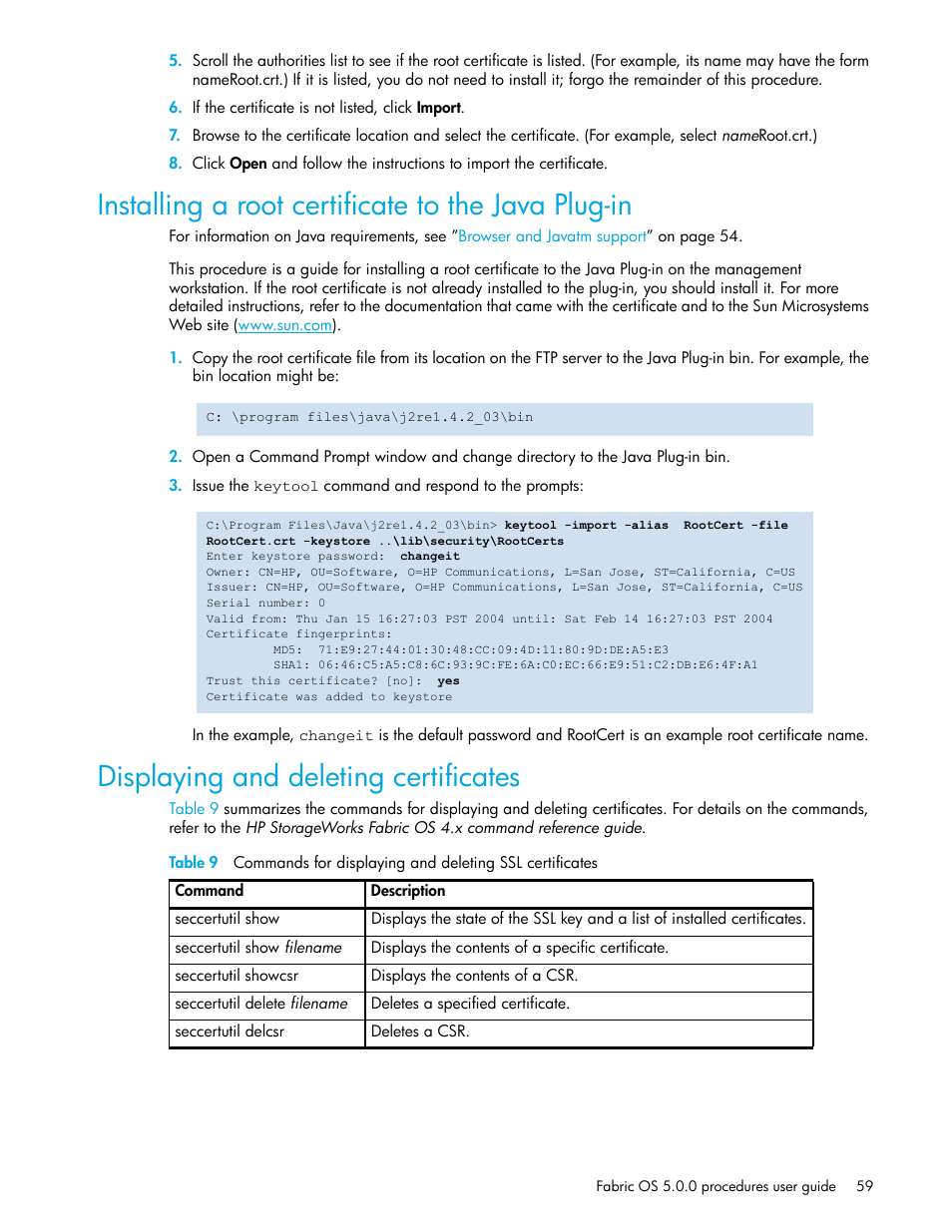 Installing a root certificate to the java plug-in, Displaying and deleting certificates | HP Brocade 4Gb SAN Switch for HP BladeSystem p-Class User Manual | Page 59 / 270