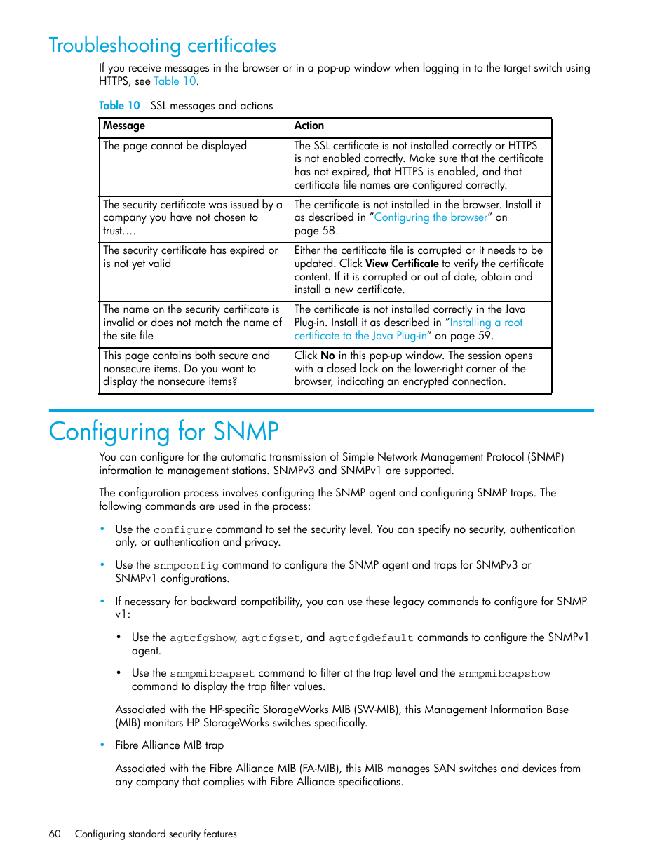 Troubleshooting certificates, Table 10 ssl messages and actions, Configuring for snmp | 10 ssl messages and actions | HP Brocade 4Gb SAN Switch for HP BladeSystem p-Class User Manual | Page 60 / 270