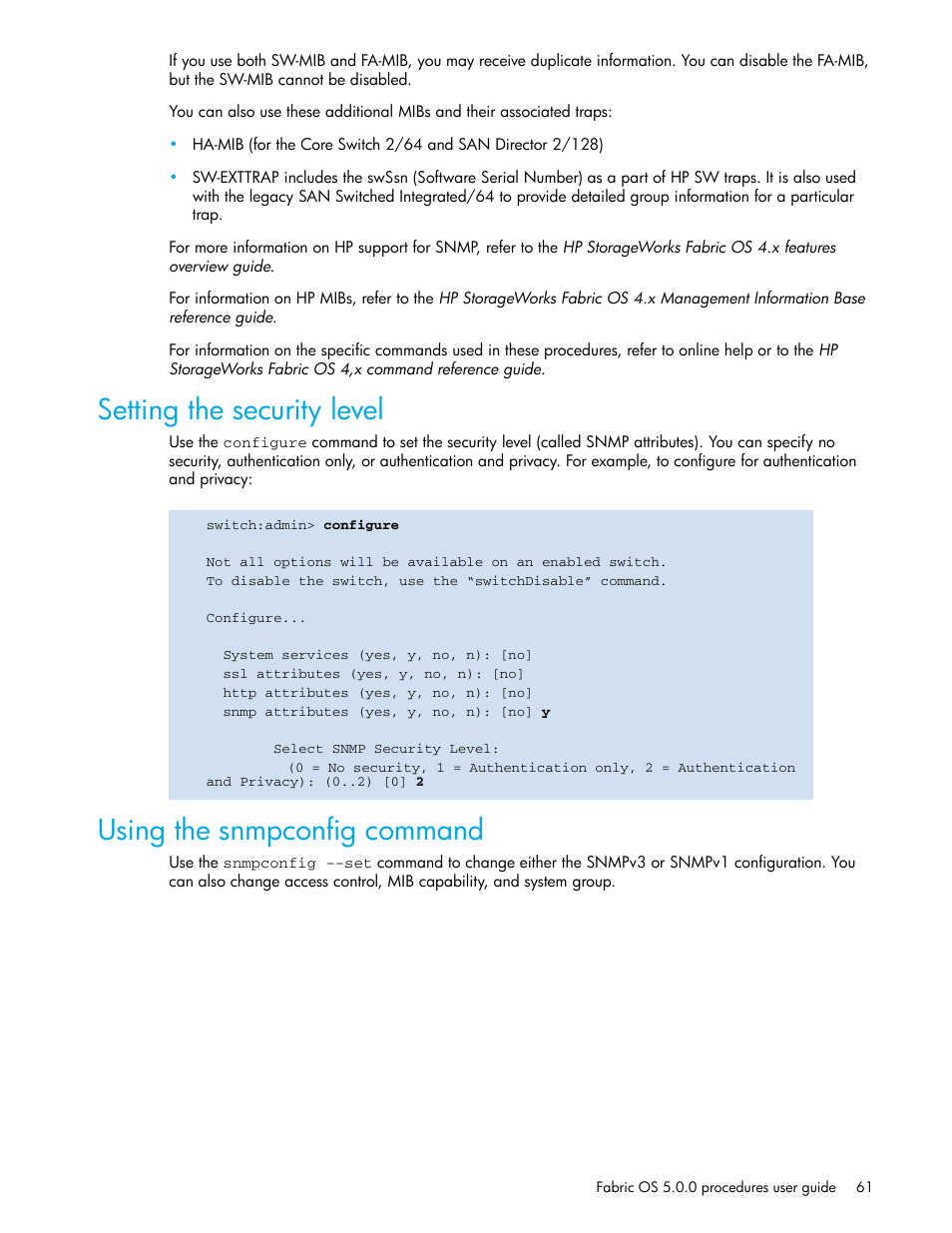 Setting the security level, Using the snmpconfig command, Using the | HP Brocade 4Gb SAN Switch for HP BladeSystem p-Class User Manual | Page 61 / 270