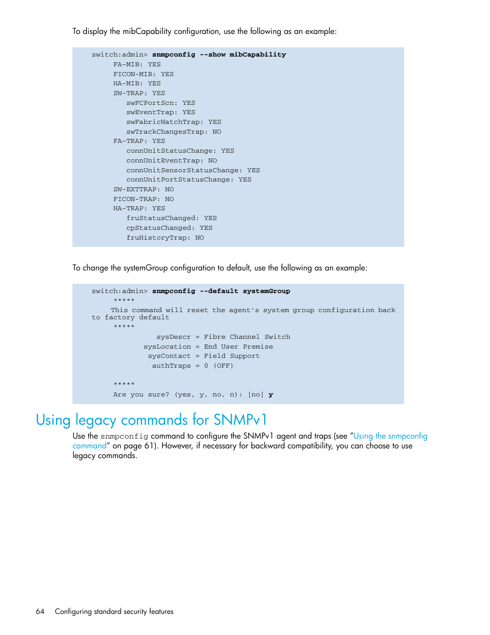 Using legacy commands for snmpv1 | HP Brocade 4Gb SAN Switch for HP BladeSystem p-Class User Manual | Page 64 / 270