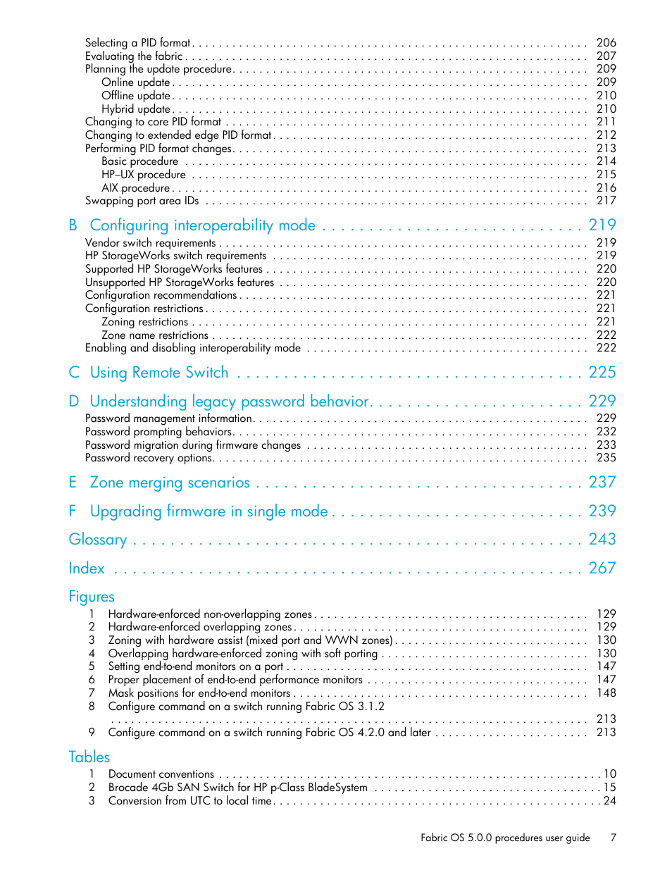 B configuring interoperability mode, Tables | HP Brocade 4Gb SAN Switch for HP BladeSystem p-Class User Manual | Page 7 / 270