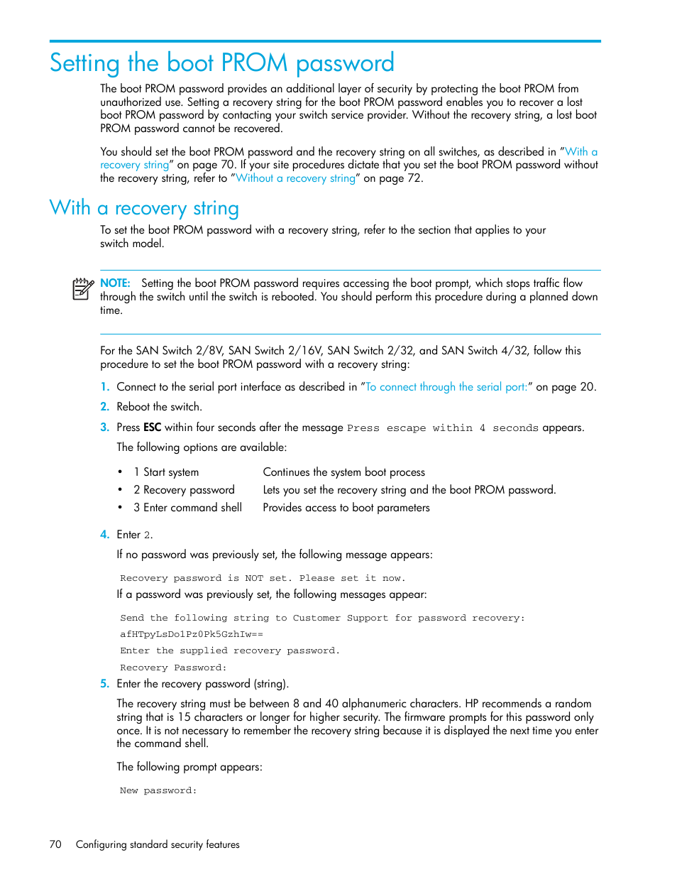 Setting the boot prom password, With a recovery string | HP Brocade 4Gb SAN Switch for HP BladeSystem p-Class User Manual | Page 70 / 270