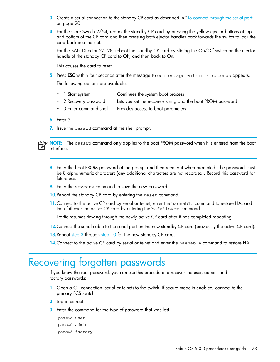 Recovering forgotten passwords | HP Brocade 4Gb SAN Switch for HP BladeSystem p-Class User Manual | Page 73 / 270