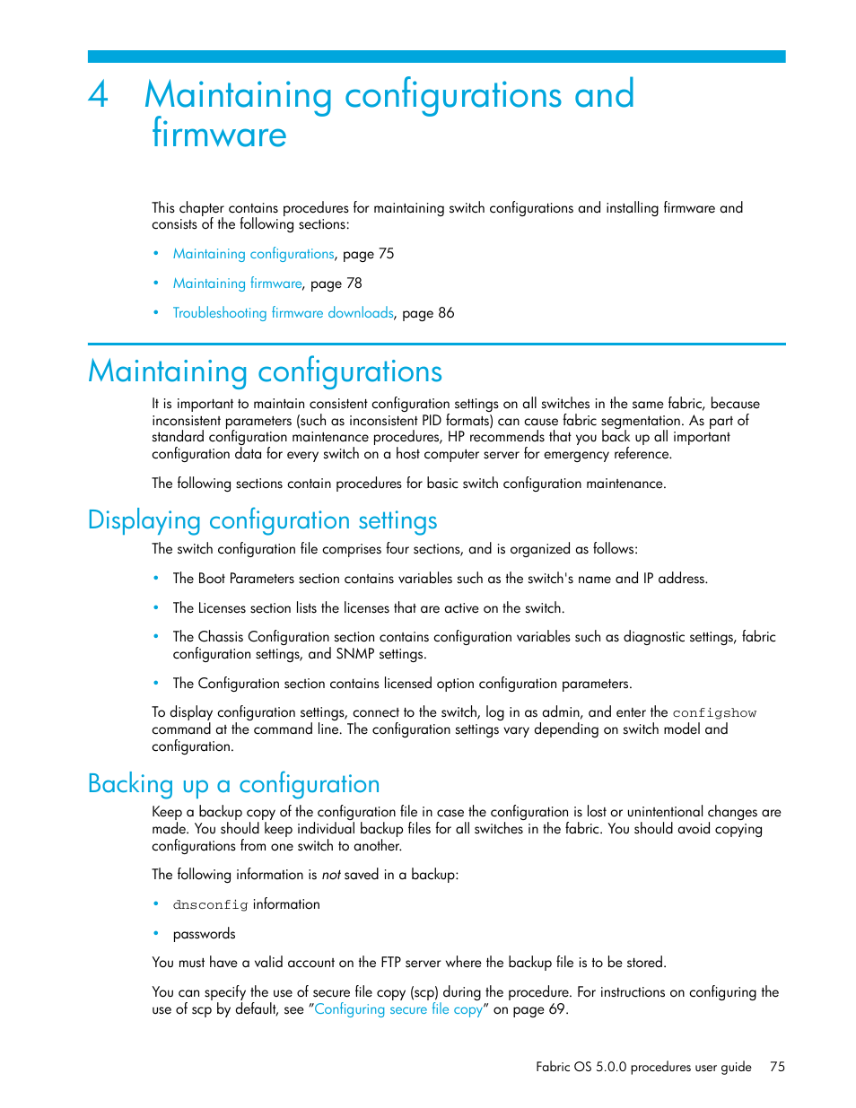 Maintaining configurations and firmware, Maintaining configurations, Displaying configuration settings | Backing up a configuration, 4 maintaining configurations and firmware | HP Brocade 4Gb SAN Switch for HP BladeSystem p-Class User Manual | Page 75 / 270