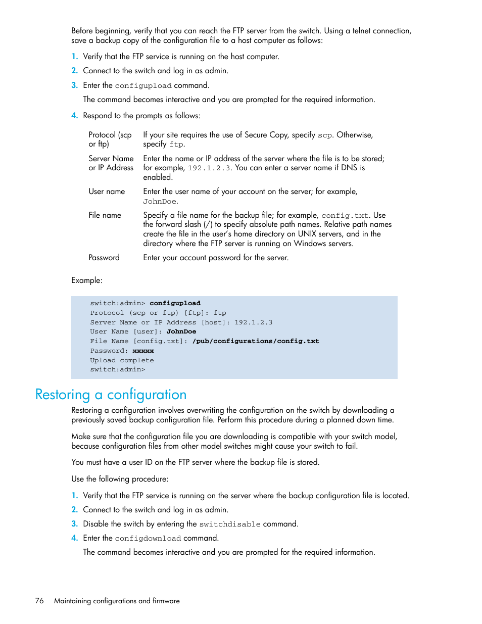 Restoring a configuration | HP Brocade 4Gb SAN Switch for HP BladeSystem p-Class User Manual | Page 76 / 270