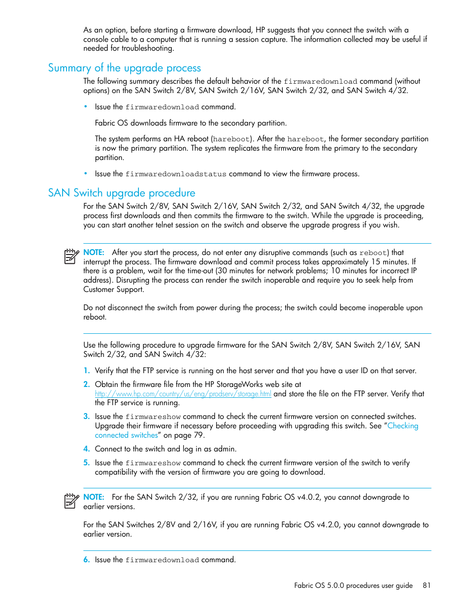 Summary of the upgrade process, San switch upgrade procedure | HP Brocade 4Gb SAN Switch for HP BladeSystem p-Class User Manual | Page 81 / 270