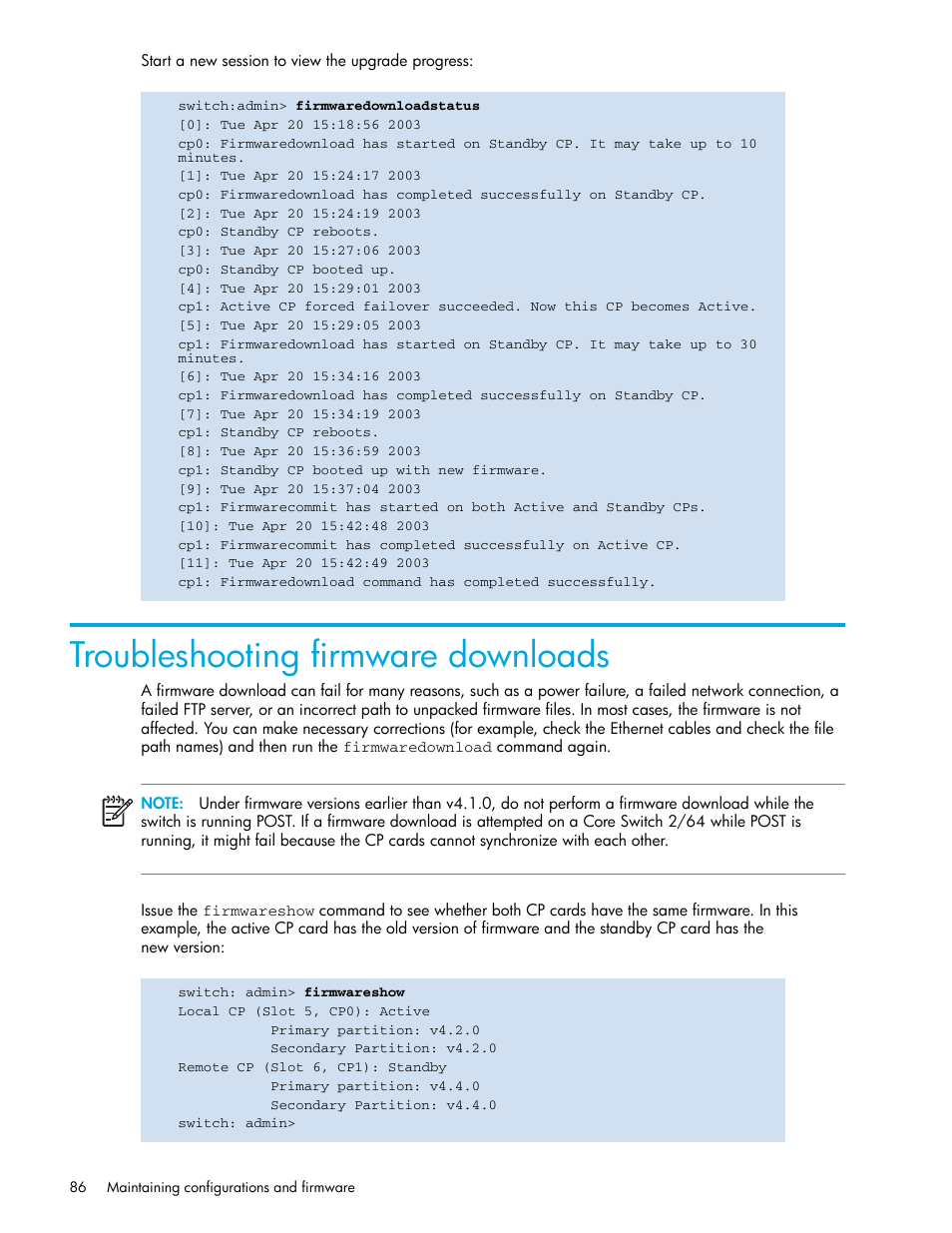 Troubleshooting firmware downloads | HP Brocade 4Gb SAN Switch for HP BladeSystem p-Class User Manual | Page 86 / 270