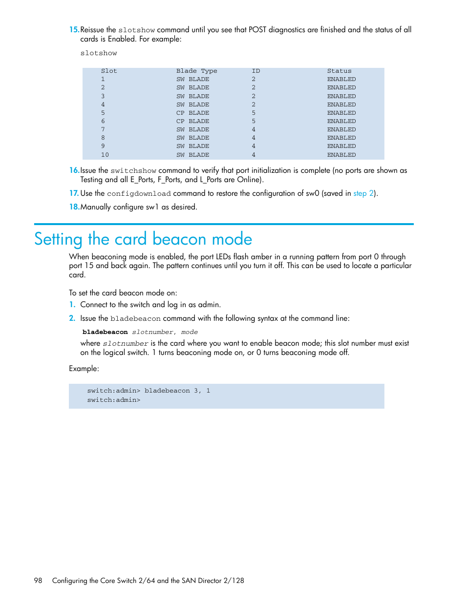 Setting the card beacon mode, To set the card beacon mode on | HP Brocade 4Gb SAN Switch for HP BladeSystem p-Class User Manual | Page 98 / 270