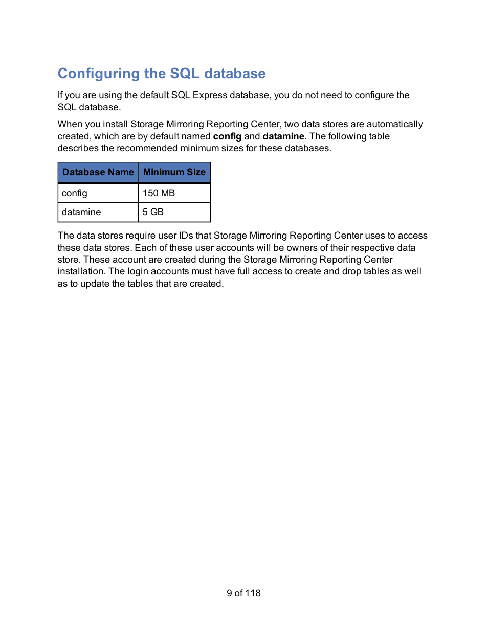 Configuring the sql database | HP Storage Mirroring Software User Manual | Page 11 / 120