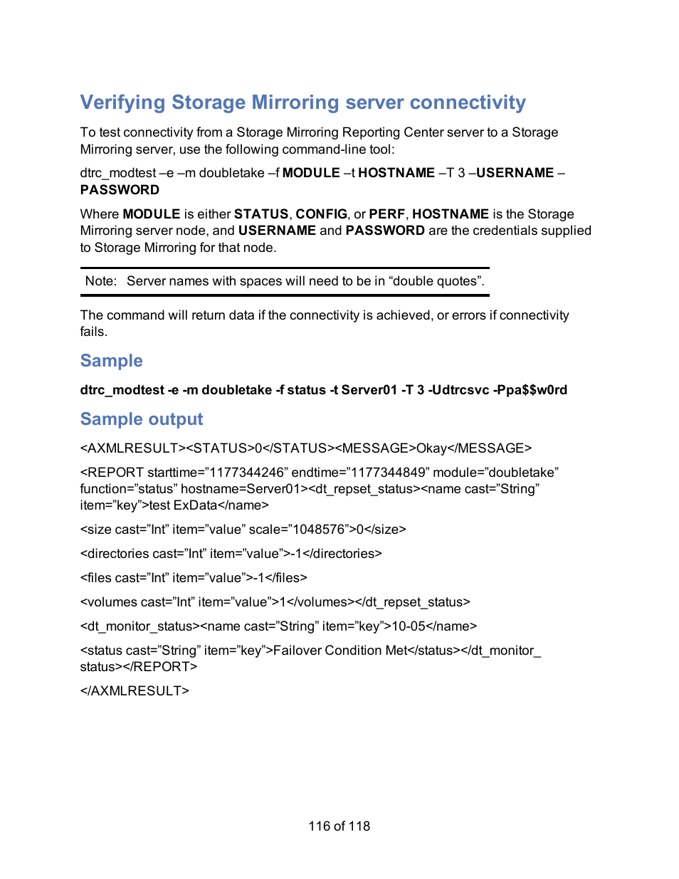 Verifying storage mirroring server connectivity, Sample, Sample output | Verifying server connectivity | HP Storage Mirroring Software User Manual | Page 118 / 120