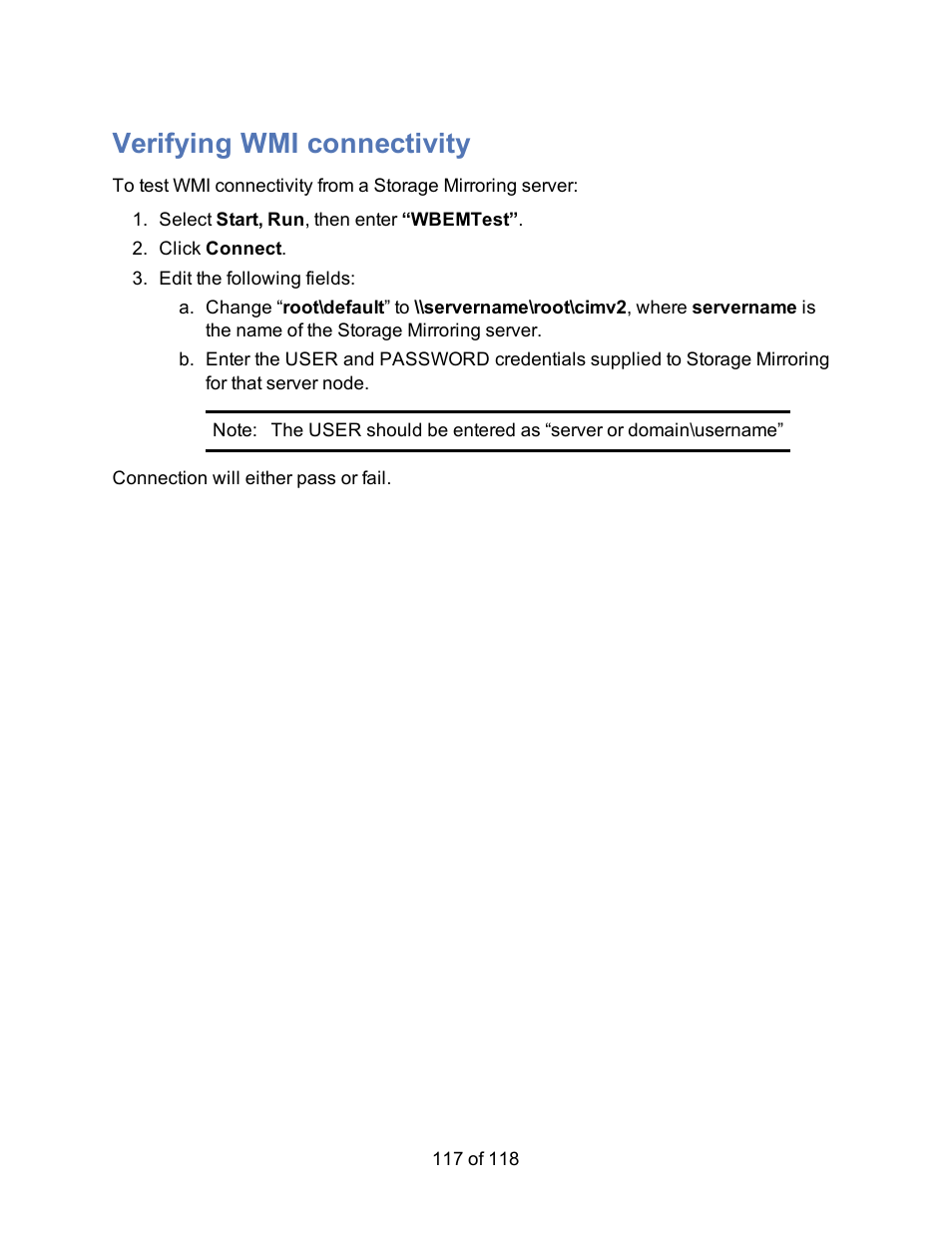 Verifying wmi connectivity | HP Storage Mirroring Software User Manual | Page 119 / 120