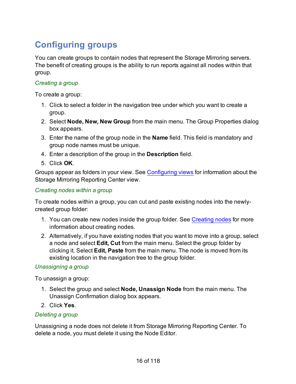 Configuring groups, Creating a group, Creating nodes within a group | Unassigning a group, Deleting a group, Adding groups | HP Storage Mirroring Software User Manual | Page 18 / 120