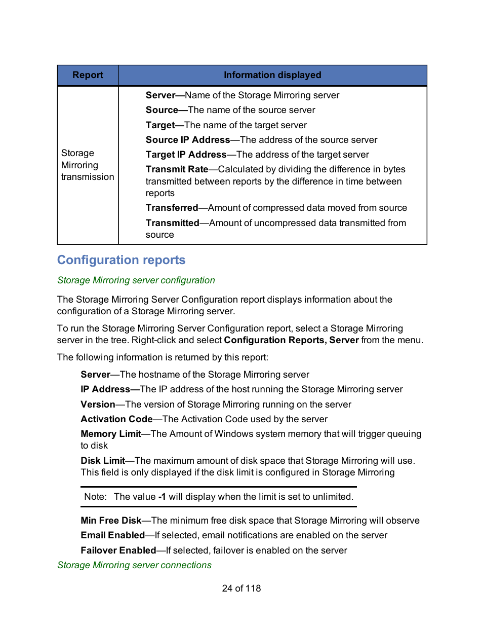 Configuration reports | HP Storage Mirroring Software User Manual | Page 26 / 120