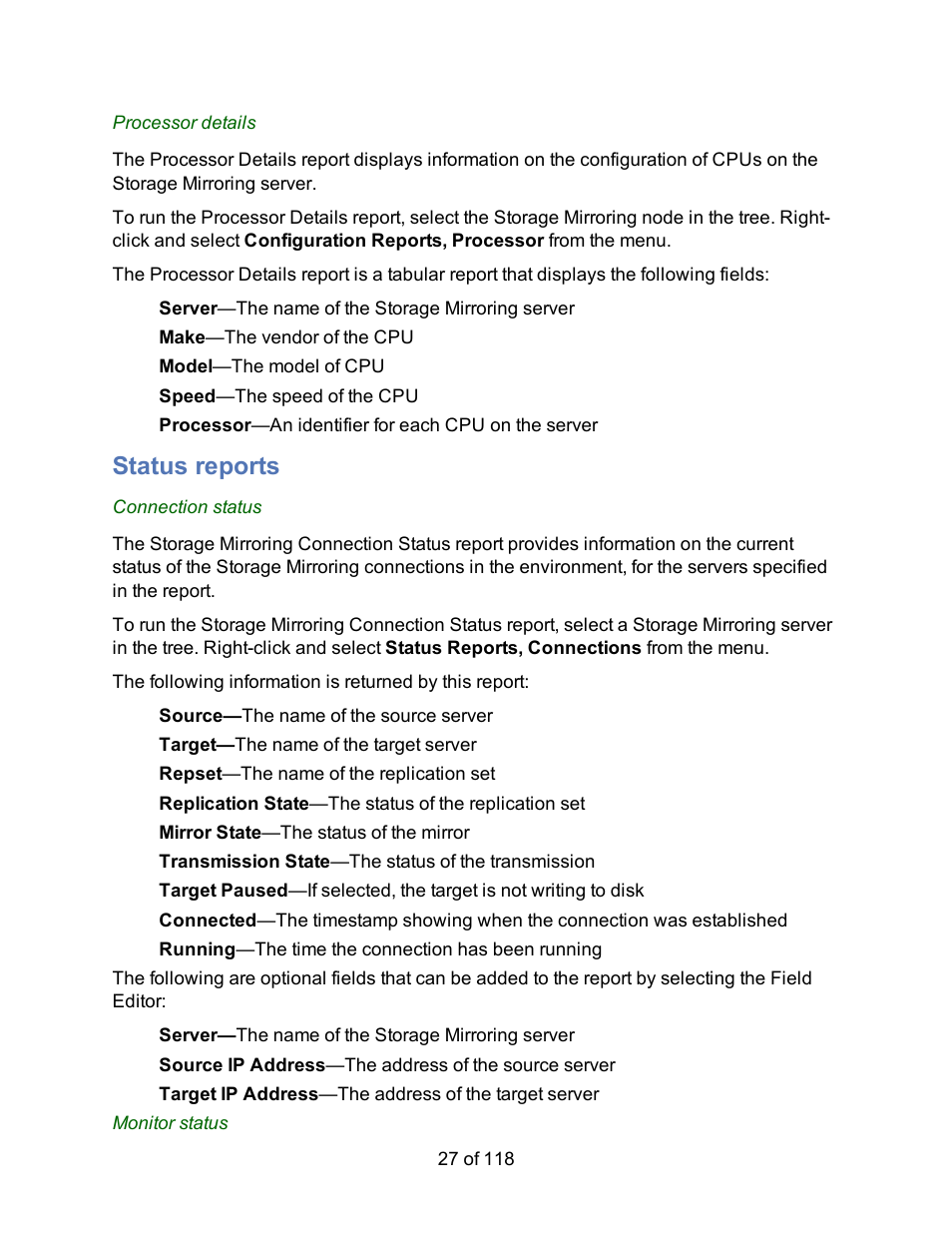 Status reports | HP Storage Mirroring Software User Manual | Page 29 / 120