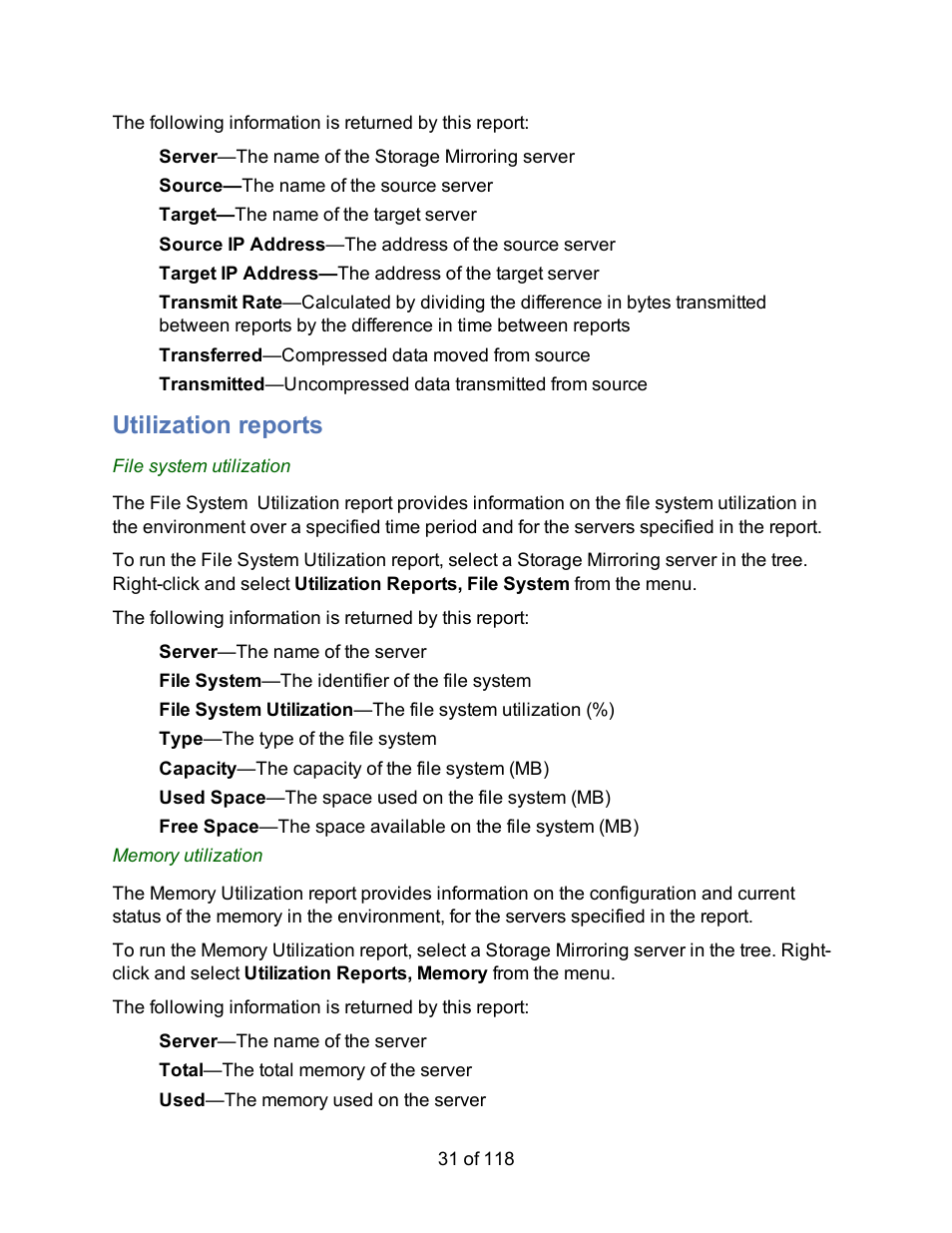 Utilization reports | HP Storage Mirroring Software User Manual | Page 33 / 120