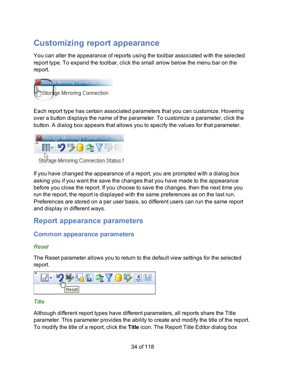 Customizing report appearance, Report appearance parameters, Common appearance parameters | HP Storage Mirroring Software User Manual | Page 36 / 120