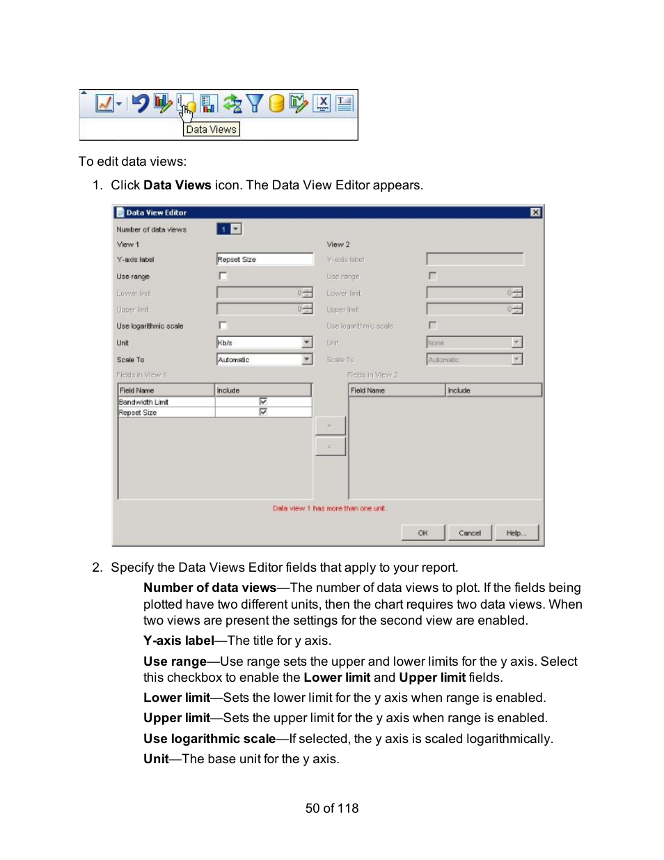 Y-axis label —the title for y axis, Unit —the base unit for the y axis | HP Storage Mirroring Software User Manual | Page 52 / 120