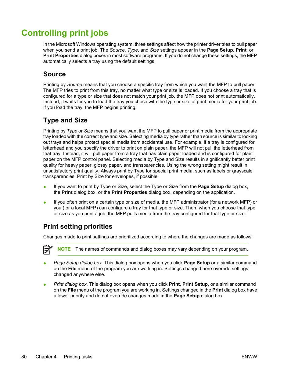 Controlling print jobs, Source, Type and size | Print setting priorities, Source type and size print setting priorities | HP Color LaserJet 4730 Multifunction Printer series User Manual | Page 100 / 412