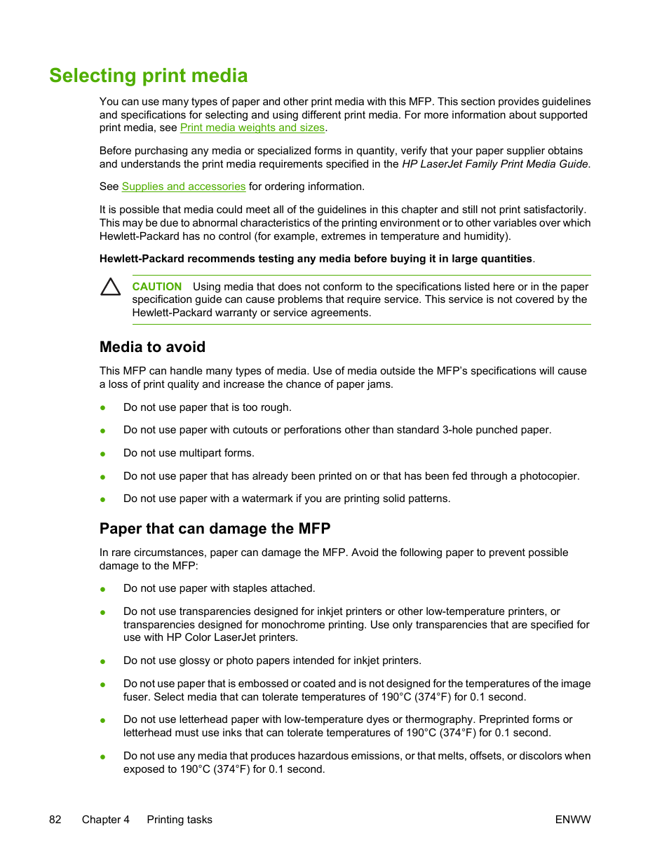 Selecting print media, Media to avoid, Paper that can damage the mfp | Media to avoid paper that can damage the mfp | HP Color LaserJet 4730 Multifunction Printer series User Manual | Page 102 / 412