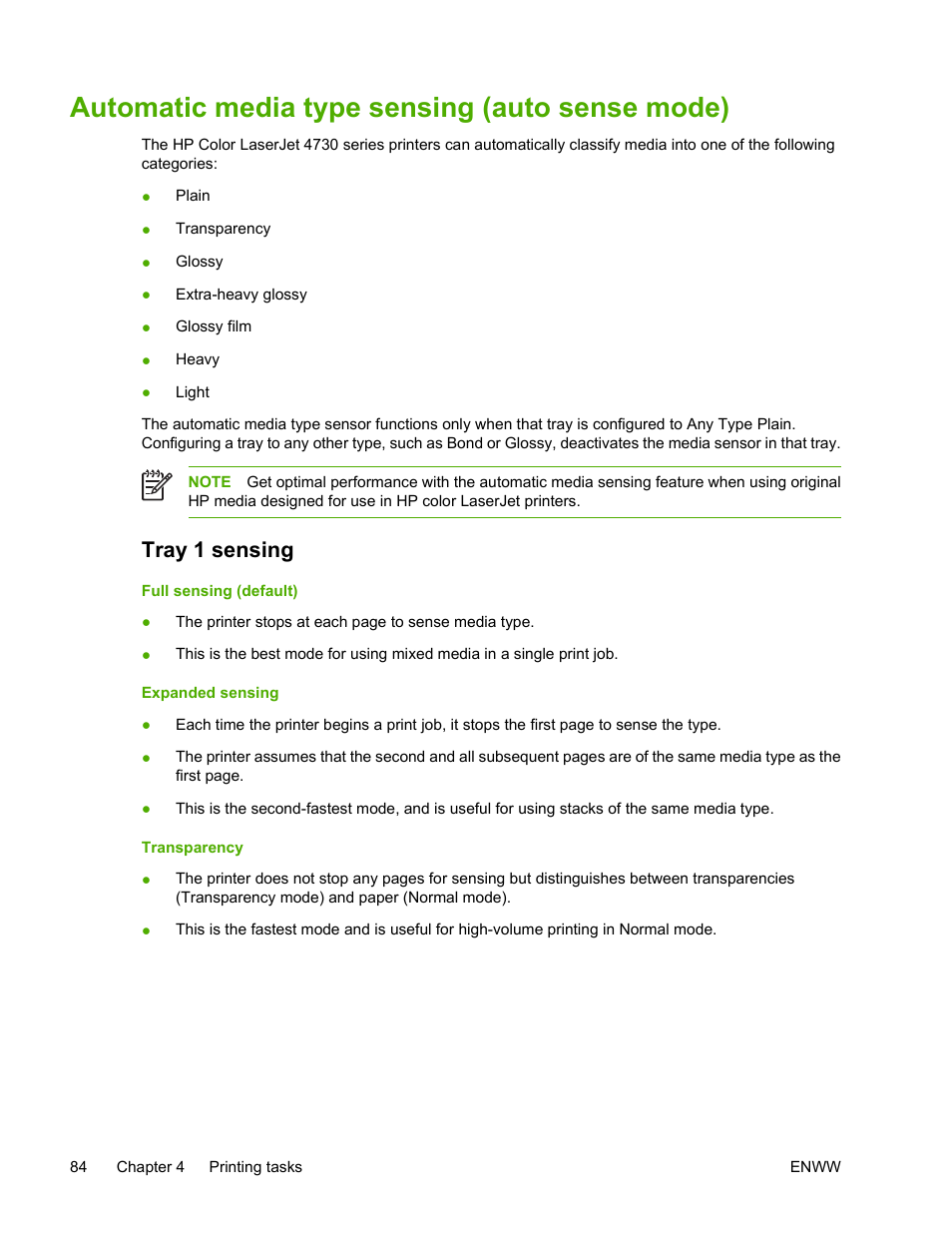 Automatic media type sensing (auto sense mode), Tray 1 sensing | HP Color LaserJet 4730 Multifunction Printer series User Manual | Page 104 / 412