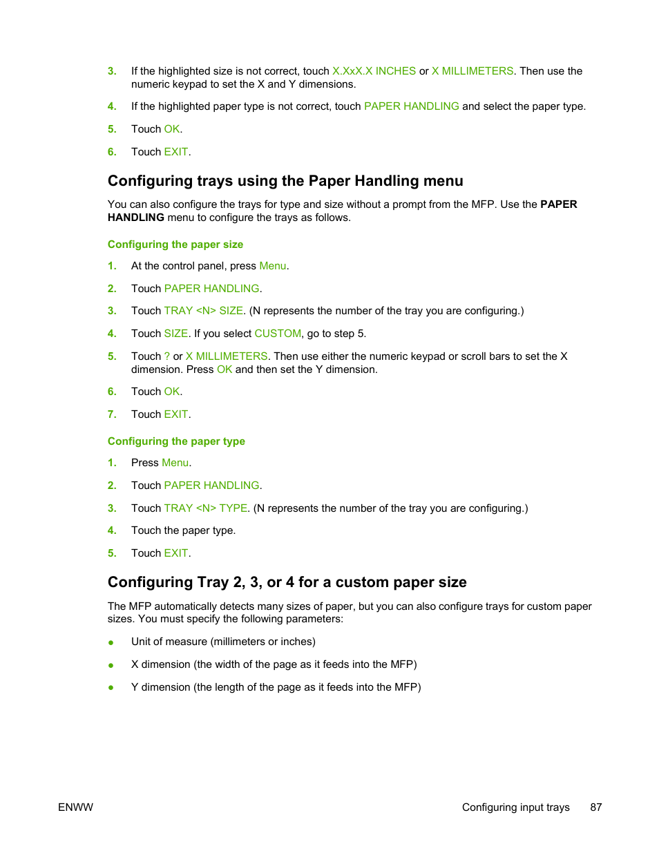 Configuring trays using the paper handling menu | HP Color LaserJet 4730 Multifunction Printer series User Manual | Page 107 / 412