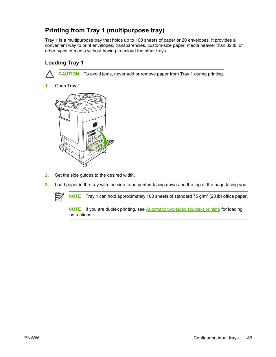 Printing from tray 1 (multipurpose tray), Loading tray 1 | HP Color LaserJet 4730 Multifunction Printer series User Manual | Page 109 / 412