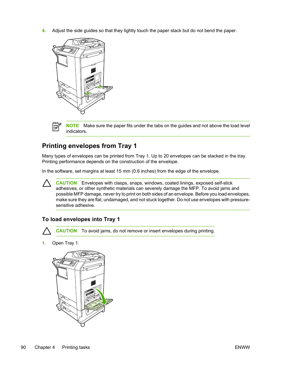 Printing envelopes from tray 1, To load envelopes into tray 1 | HP Color LaserJet 4730 Multifunction Printer series User Manual | Page 110 / 412